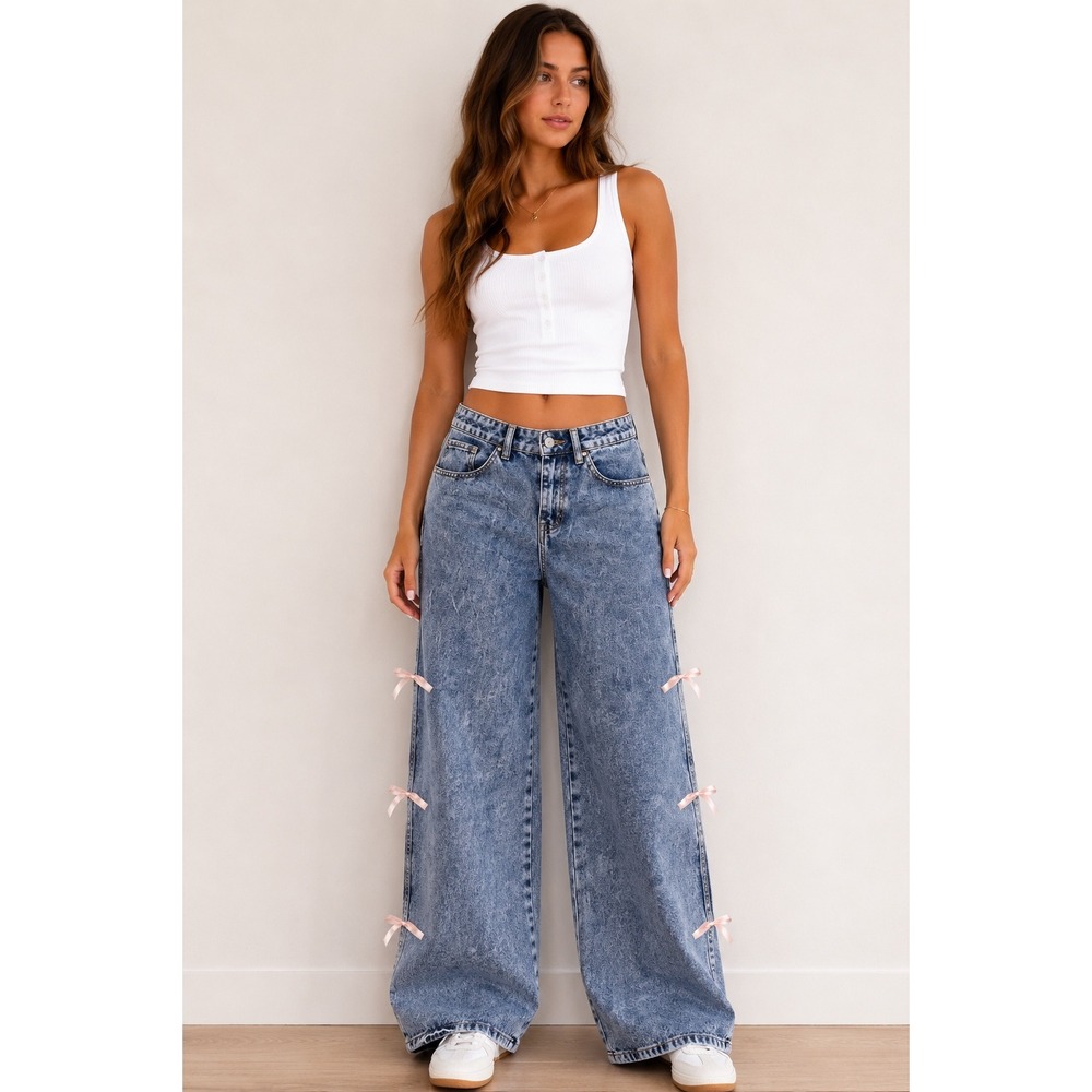 Rise Supply Co Acid Wash Wide Leg Ribbon Tie Jeans Size 7 Y2K Coquette
